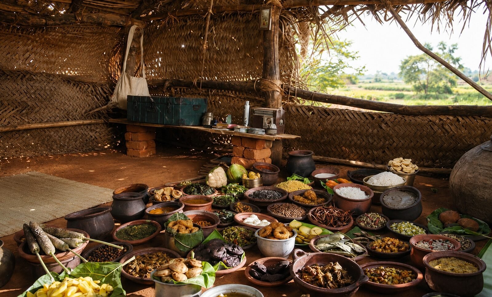 Rustic spread of forgotten Indian foods on banana leaf