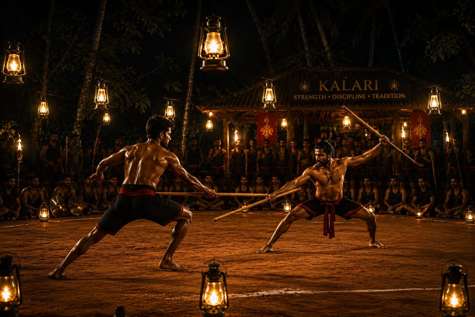Warriors sparring with lathi sticks under lantern light