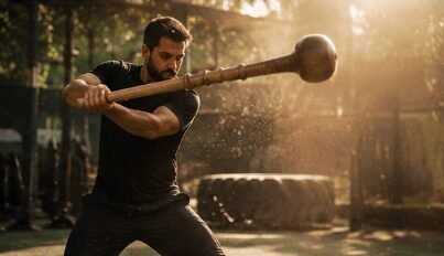 Warrior swinging a traditional gada mace