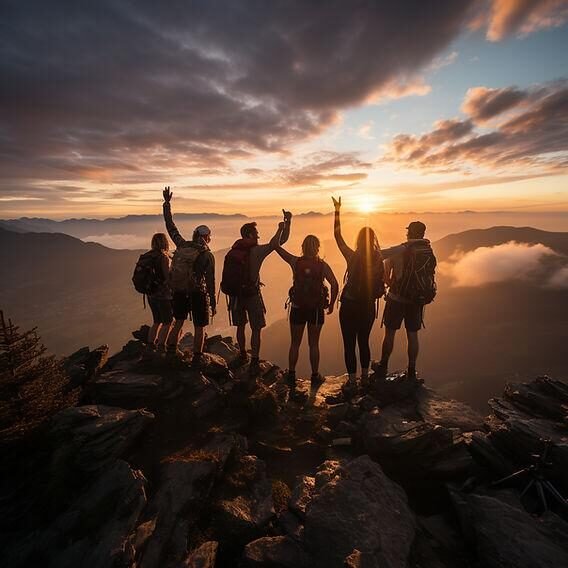 Trekkers celebrating on the summit at sunset