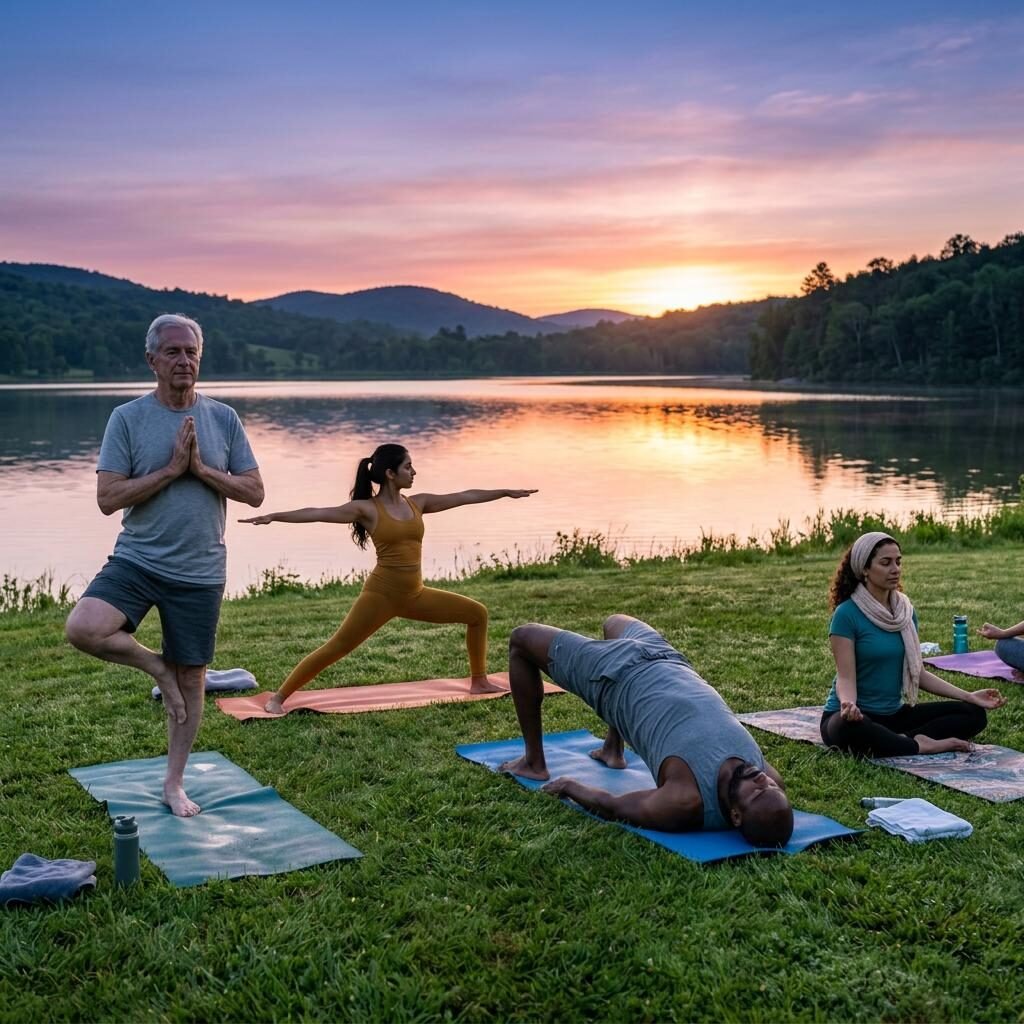 Group practicing yoga by the lakeside at sunset